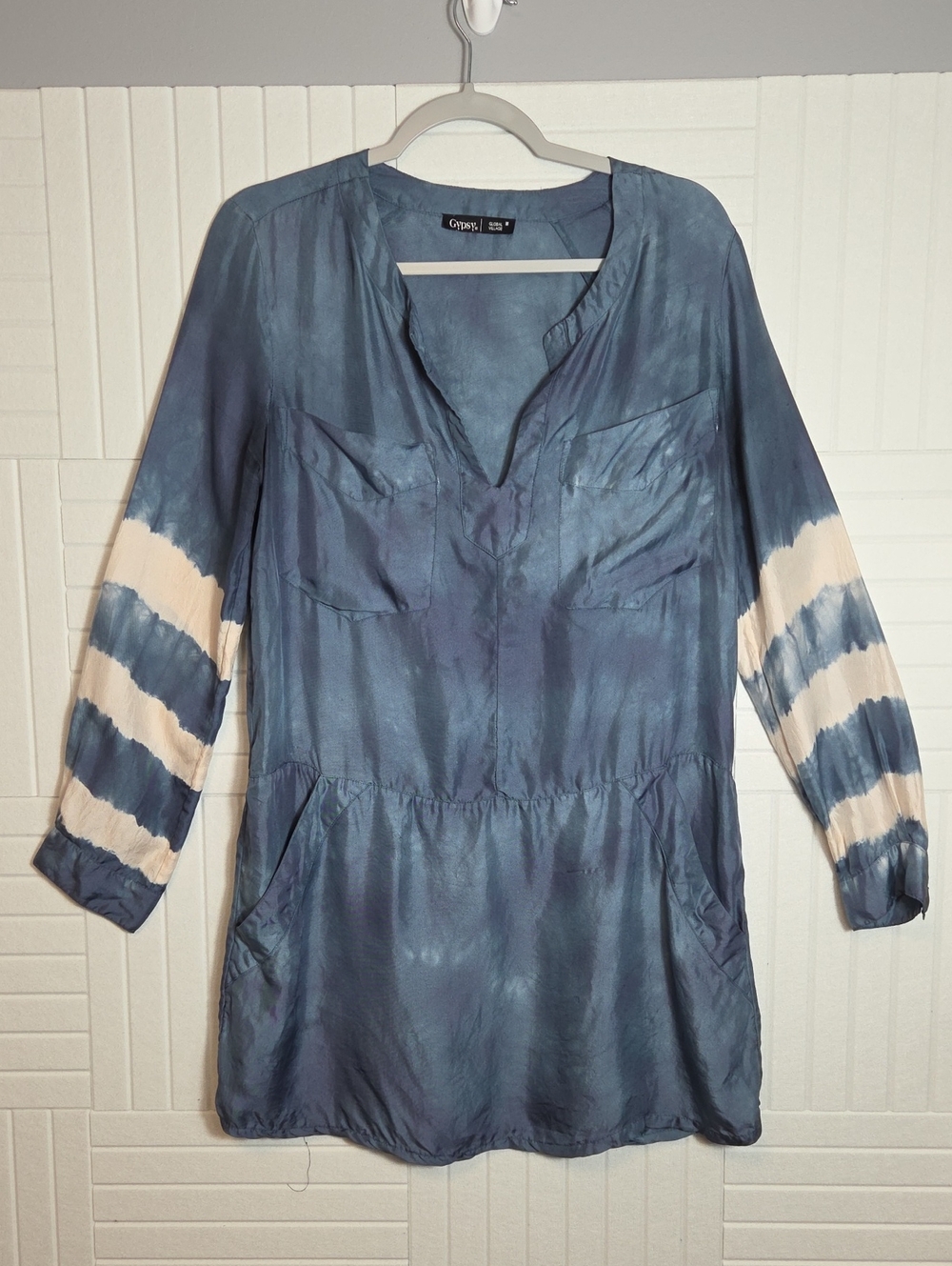 Gypsy 05 100% Silk Blue Tie Dyed Dress With Pockets Size M